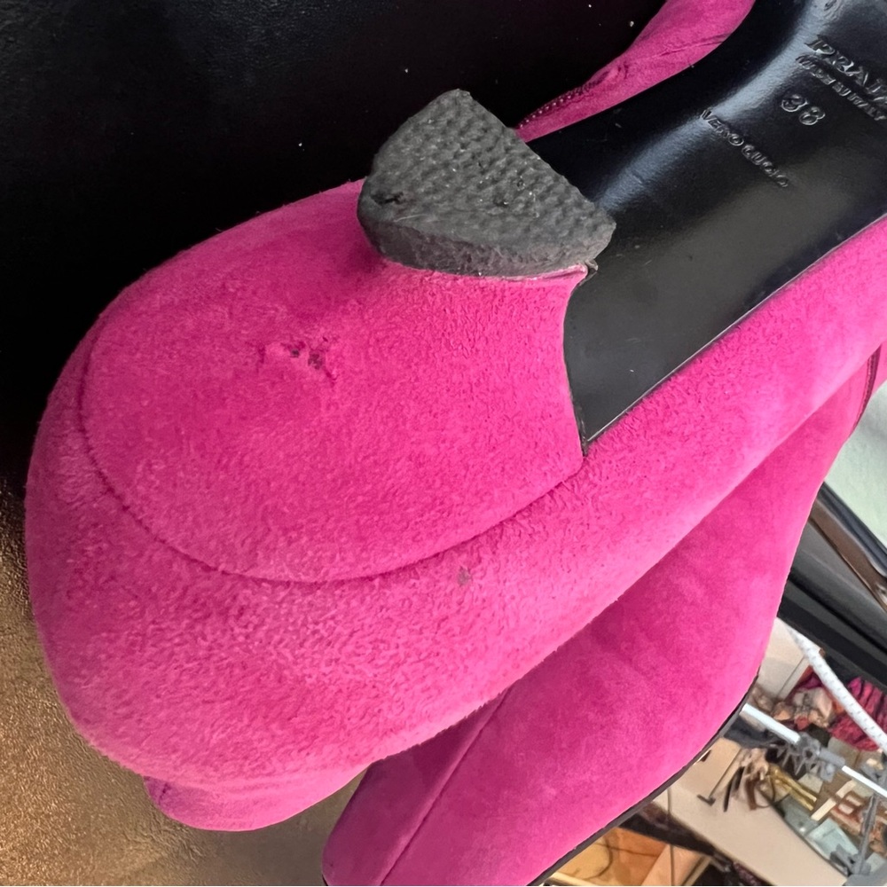 Prada Suede Pink pointed square toe kitten heel bootie SZ 38/ 8 - Picture 7 of 10